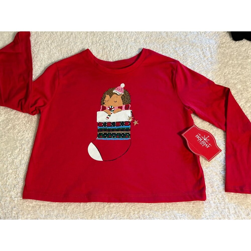 Holiday Time Hedgehog Long Sleeve Christmas Tee Shirt Size S (6-6X)  Red PJ Top